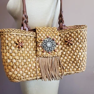Vintage Straw Bag Satchel Purse Beads Leather Fringe Mandala 12x7x5" Lined Retro - Picture 1 of 19