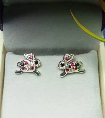 Lab created Multi Gemstone Rabbit Earring 925 Sterling Silver Stud Earring - Image 1 of 4