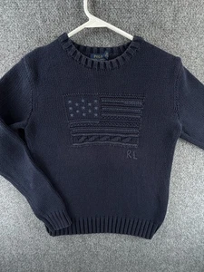 Polo Ralph Lauren USA Flag Sweater Navy Blue Pullover Crew Neck Medium Slim - Picture 1 of 19