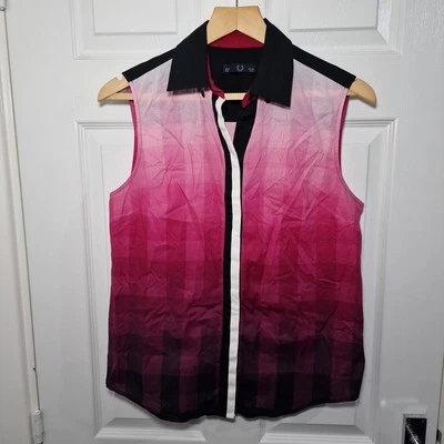 Camisa Fred Perry Sin Mangas Reino Unido 12 Rosa Negro Ombre Cuadrados Cuadros Algodón Cuello Foto 1 de 4