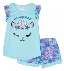 Lola Girls Pajamas Blue Size 4/5 Top And Shorts Tie Dye Cat Graphic 2 Piece Set - Picture 1 of 12