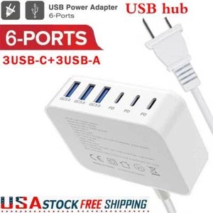 Fast USB-C Wall Charger 6-Port USB Hub Charging Station PD Power Adapter - Picture 1 of 10