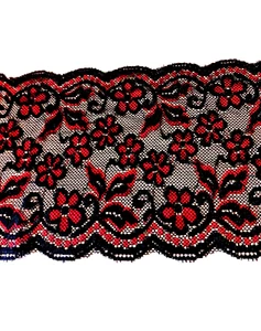 Stretch bestickter Blumenmuster Spitzenborte schwarz rot 6" Zum Selbermachen BH Handwerk Dessous - BTY - Bild 1 von 5