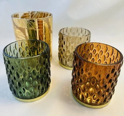 4 Windlichter Teelichthalter Glas Blätter Gold Braun Grün Rauch Bubble Deko - Bild 1 von 4