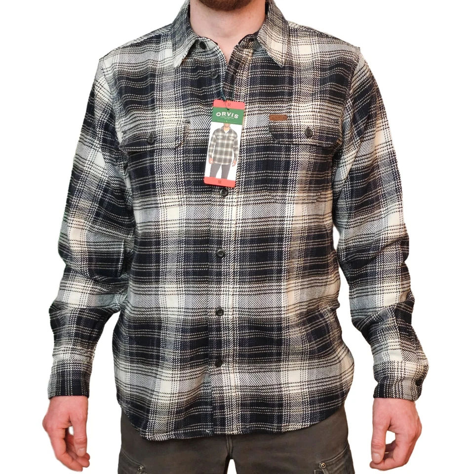 Orvis Size MEDIUM button-down Heavyweight Flannel Navy & Gray Shirt