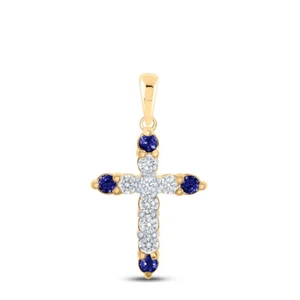 10kt Yellow Gold Womens Round Blue Sapphire Diamond Cross Pendant 1/4 Cttw - Picture 1 of 1