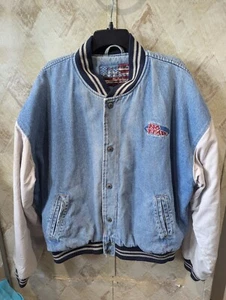 Vintage No Fear Varsity Bomber Jacket Denim Men XL Snap 90s Y2K FLAWS - Picture 1 of 11