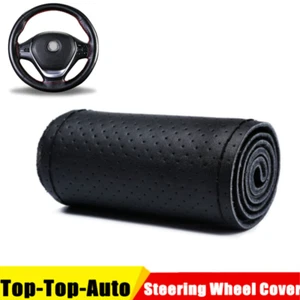Black 15" 38cm Genuine Leather Auto Car Steering Wheel Cover Neddle&Thread DIY - Bild 1 von 7