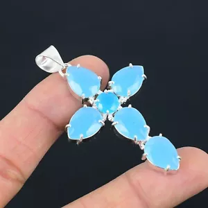 Blue Opalite Ethnic Handmade Cross Design Pendant Jewelry Party Wear 2.6" CP 008 - Picture 1 of 5