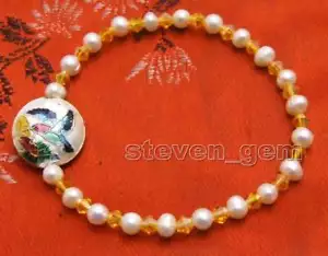 SALE 5-6mm White Round Pearl and Orange crystal & Cloisonne 7.5'' Bracelet-br398 - Picture 1 of 4