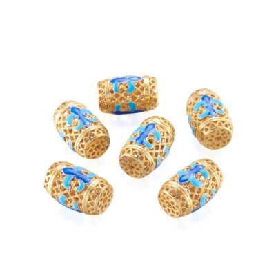 10x Lead Free Electroplate Brass Barrel with Fleur De Lis Enamel Beads 18x11.5mm - Image 1 of 4