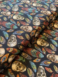 Skulls & Feathers Fabric Per Meter 100% Cotton Halloween Gothic Vintage - Picture 1 of 3
