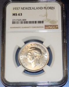New Zealand 1937 Florin NGC MS63 Silver Semi-Key High Grade KM10.1 UNC KIWI COIN - Picture 1 of 4