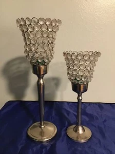 2 VOTIVE HOLDER SILVER FINISH METAL LONG STEM W/ ROUND CUT PRISMS 14” / 11” - Picture 1 of 7