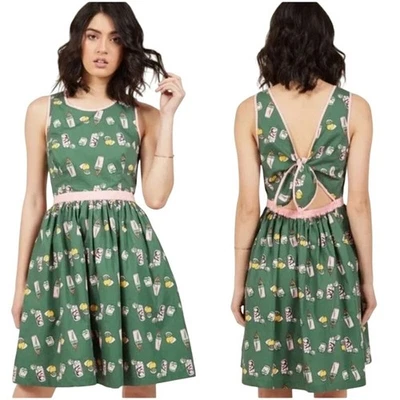 ModCloth Green Drink Print Fit & Flare Dress XL Pink Trim Tie Back Retro Style - Image 1 of 4