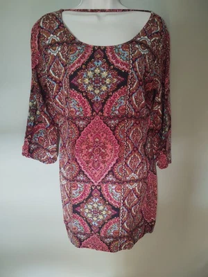Billabong Paisley Multi Print Festival Boho Rayon 3/4 Sleeve Tunic Sz L Soft - Image 1 of 4