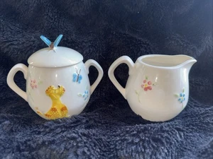 Vintage Poodle Butterfly Sugar Creamer Enesco Blue Yellow Lidded Kitschy Setof2 - Picture 1 of 10