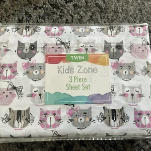 Kids Zone Cute Cat Faces 3 Piece Grey & Pink Sheet Set -TWIN-NWT - Picture 1 of 4