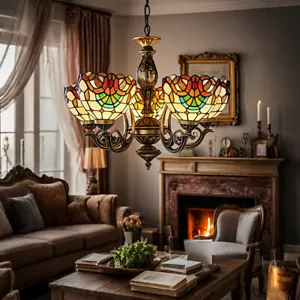 Tiffany Colorful Glass Shade Chandelier Vintage Brass Semi Flush Mount Lighting - Picture 1 of 9