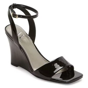 Worthington Womens 9M Navin Wedge Sandals Black Patent Leather Ankle Strap NWT - Picture 1 of 7