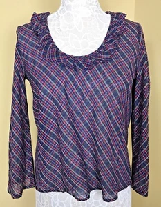 Womens J. CREW Size 6 Plaid Cotton Ruffled Neckline Blouse Semi Sheer  - Picture 1 of 5