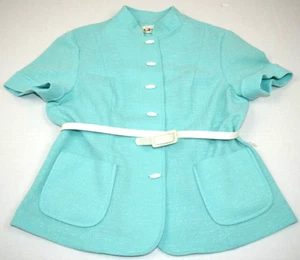 Vintage Top Marty Gutmacher Size 14 S/M 60s Aqua Blue White Belt Shirt Mod/GoGo - Picture 1 of 9