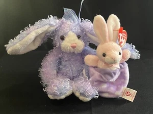 Aurora Plush Purple Blue Bunny Rabbit Ty Basket Beanies Petey Bunny in Egg Pink - Picture 1 of 8