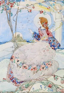 Postal: Estampado Vintage - Mujer pelirroja con rosas, ángel, vestido bordado - Imagen 1 de 3