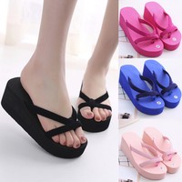 Fashion Women's Summer Slipper Flip-Flops Beach Wedge Thick Sole Heeled Shoes BE