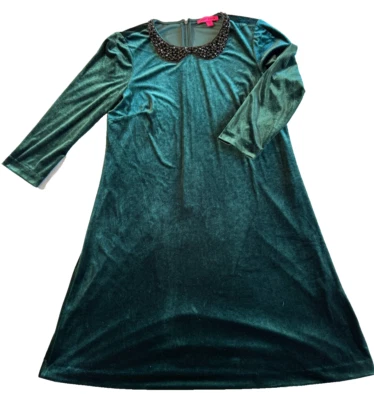 Betsey Johnson 连衣裙 10 码绿色天鹅绒 Peter Pan 串珠领 — 第 1/4 张图片