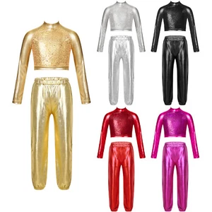 Kids Girls Dance Clothes Sequin Dancewear High Waist Dance Outfit Zipper Party - Picture 1 of 42