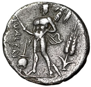 L Valerius Flaccus AR Denarius "Winged Victory / Mars, Apex & Grain" Very Fine - Picture 1 of 5