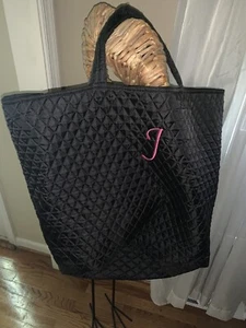 BEACH TOTE Large Quilted Monogram “T” Or “J” Black Hot pink DIVA PURSE ❤️tw11j - Picture 1 of 5