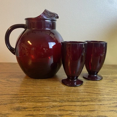 MCM Anchor Hocking Royal Ruby Red Glass Large Ball Ice Lip Pitcher + 2 Ruby Cups - Image 1 of 4