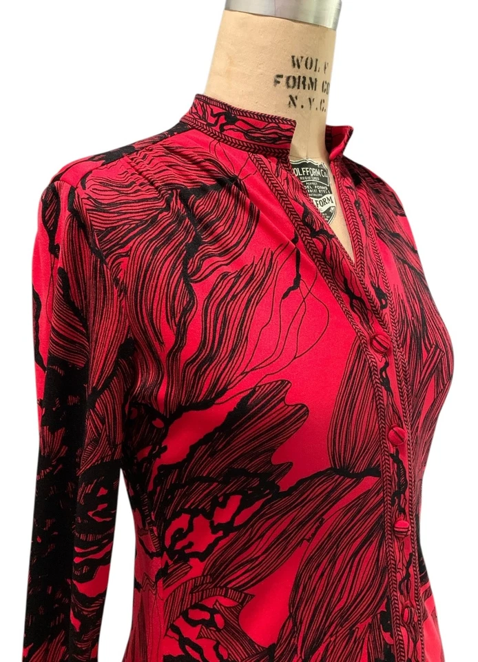 MAURICE 70s Designer Vintage Women's LS Red + Black Polyester Dress - Sz S/M - Image 1 of 4