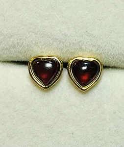 Boucles d'oreilles clous coeur grenat rouge naturel or 18 carats plus de 925 - Photo 1/8