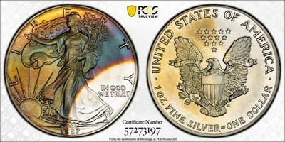1987 PCGS MS68 - Toned 1 oz Silver American Eagle SAE US $1 Coin #56570A - Image 1 of 4