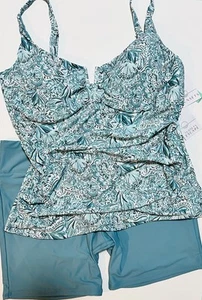$180 Sunsets 40D/42C/16 Underwire Tankini By The Sea & Bike Short 2-Pc Swimsuit - Picture 1 of 13