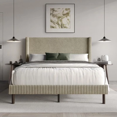 Luxurious Queen Size Wingback Bed Frame Upholstered With Corduroy Velvet Fabric - Image 1 of 4