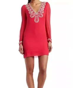French Connection Pink Silver Beaded Silk Dress 10 Sequin Long Sheer Sleeves - Picture 1 of 8