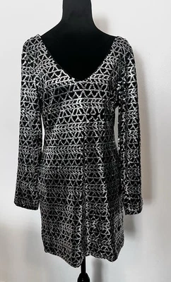 Fredericks Of Hollywood V-Neck Black Silver Sequin Short Dress 3/4 Sleeve  XL - Image 1 of 4
