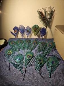 Christmas Tree Ornament Lot 16 Piece Peacock Feathers Turquoise Green Gold - Picture 1 of 6