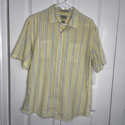 L.L. Bean Yellow Blue Striped Linen Blend Size Large Button Up Short Sleeve Mens - Image 1 of 4