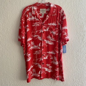 New St. John's Bay L Aloha Shirt Island Palm Print Orange Red Rayon Hawaiian NWT - Picture 1 of 9