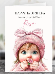 Personalised Cute Baby Girl Glossy Birthday Card - Choose Size, Any Age - Picture 1 of 3
