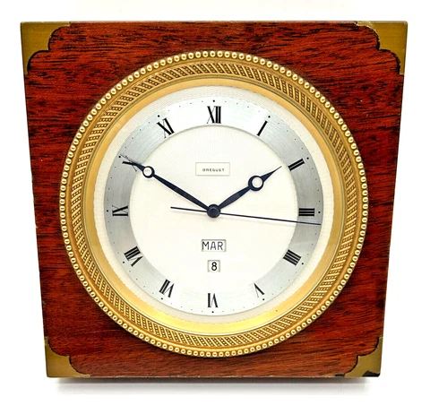 Breguet gilt brass desk clock with French day, date and wooden case, Circa 1985 Cover