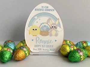Personalised 1st Easter Gift, Freestanding Easter Egg Plaque, Easter Bunny Chick - Picture 1 of 1
