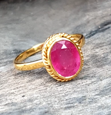 Pink Ruby Gold Band Ring, Boho Ruby Ring, Ruby Gold Ring For Women, Gift For Her - Image 1 of 4