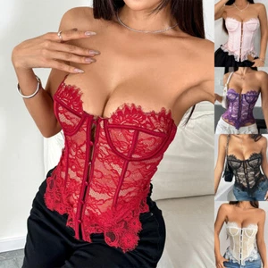 Ladies Lace Boob Tube Vest Tank Camisole Low Cut Bustier Button Tops Sexy Shirts - Picture 1 of 21