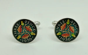 Sterling Silver Cufflinks - 1936 50% Silver KGV 3d Threepence Coin Enamelled - Picture 1 of 5